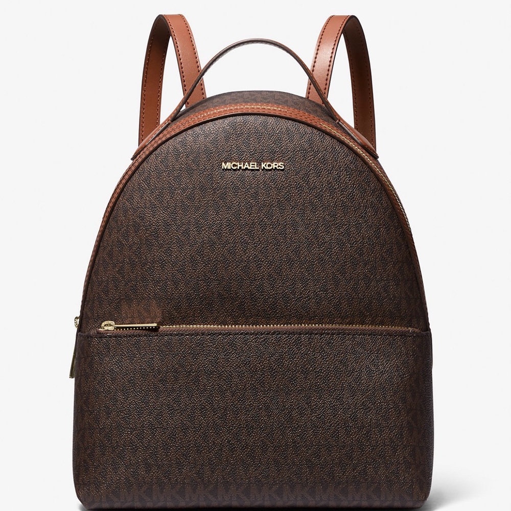 Michael Kors Brown Monogram Dome Backpack with Tan Trim